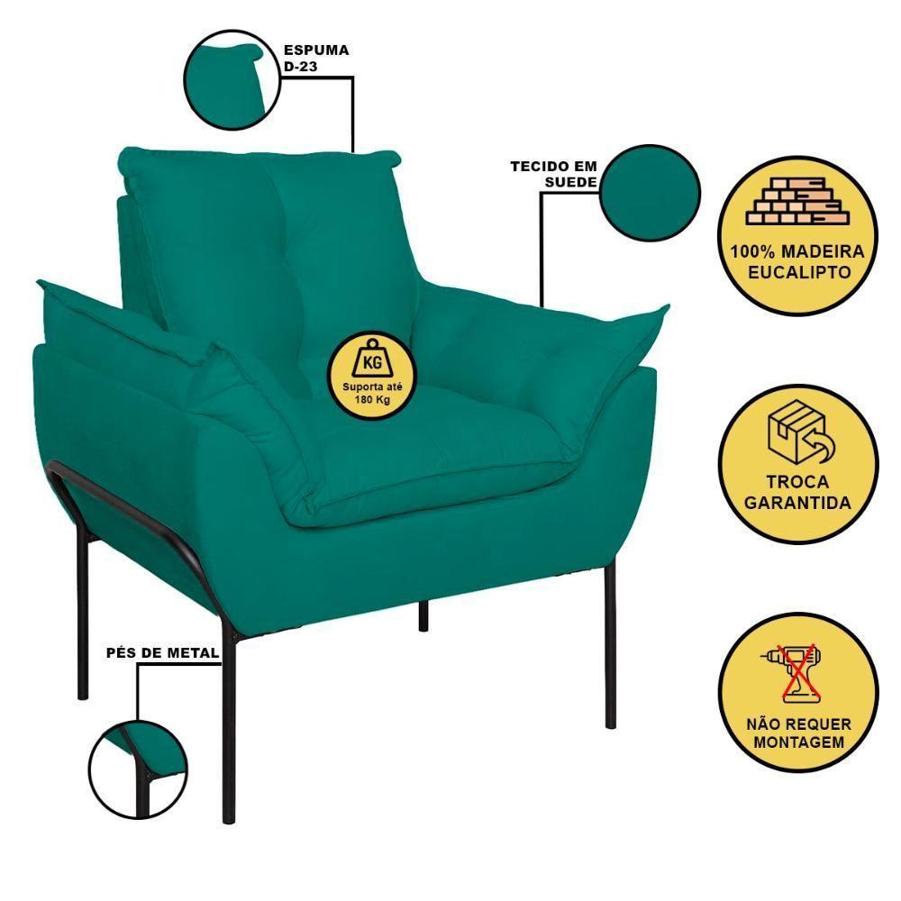 Kit 02 Poltronas Base Metal Preto Sala, Quarto Escritório Azul Turquesa - 5