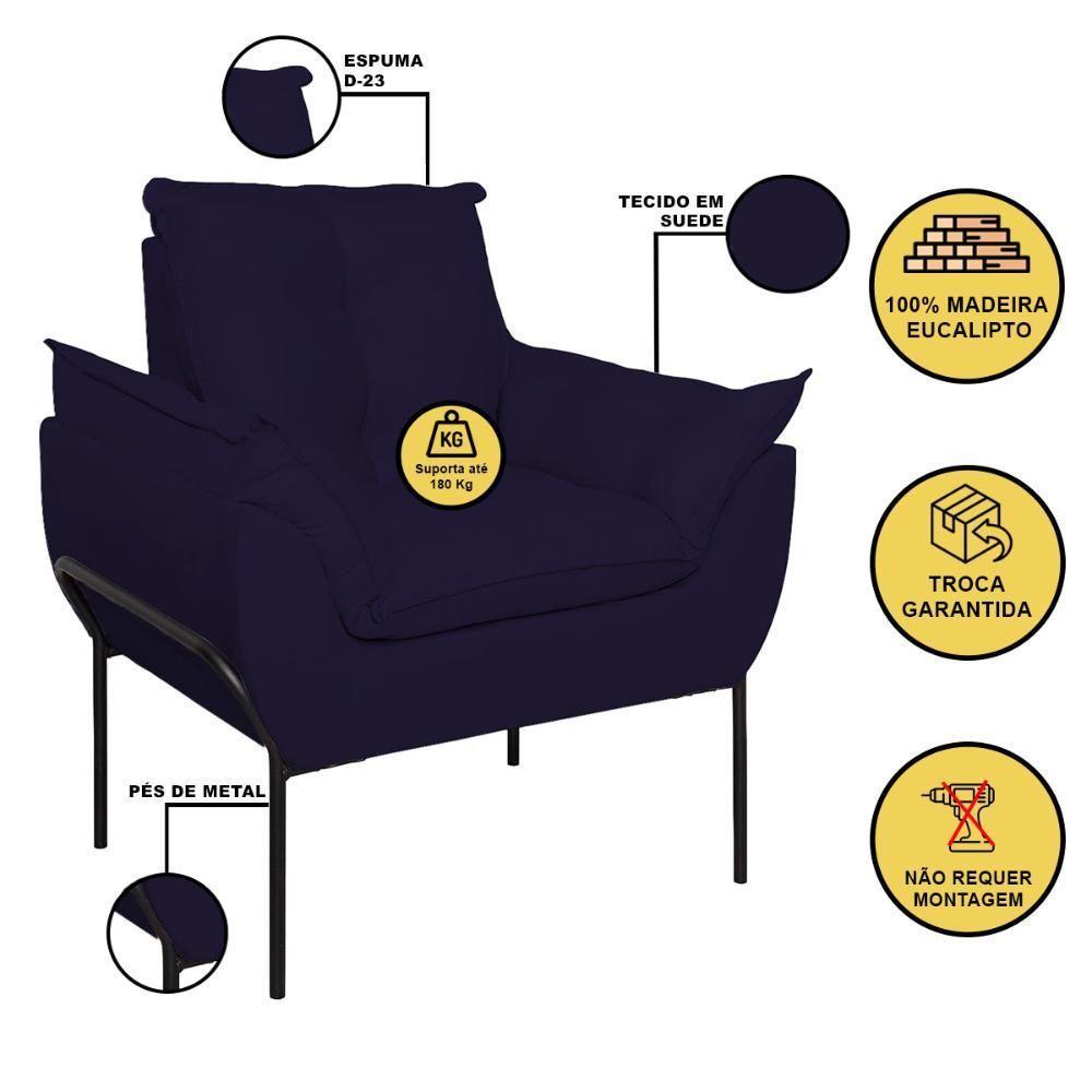 Kit 02 Poltronas Base Metal Preto Sala, Quarto Escritório Azul Marinho - 5