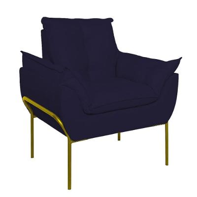 Poltrona Sofá Luxo Base Metal Dourada Recepção Escritório Azul Marinho