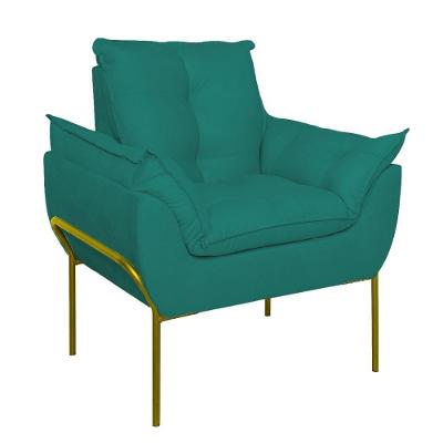 Poltrona Sofá Luxo Base Metal Dourada Recepção Escritório Azul Turquesa