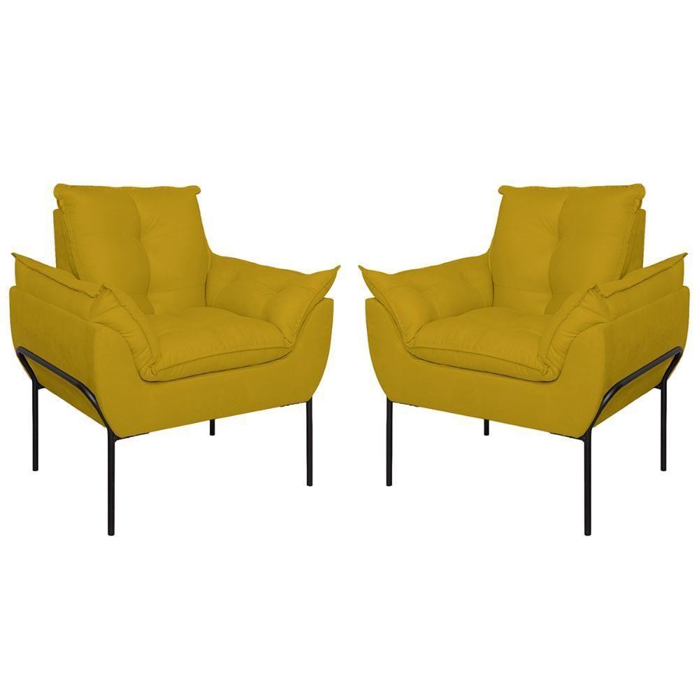 Kit 2 Poltronas Luxo Base Reforçada Metal Preto Amarelo - 1