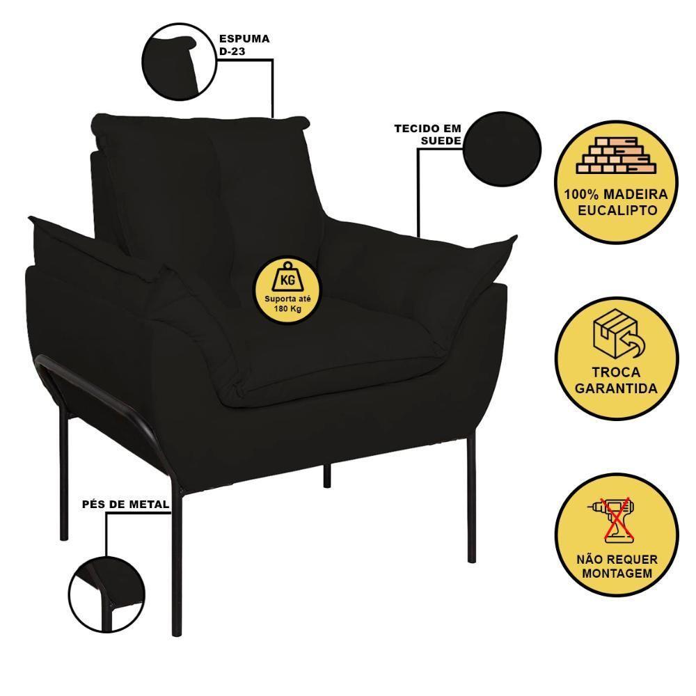 Poltrona Sofá Reforçada Base Metal Preta Amamentação Preto - 2