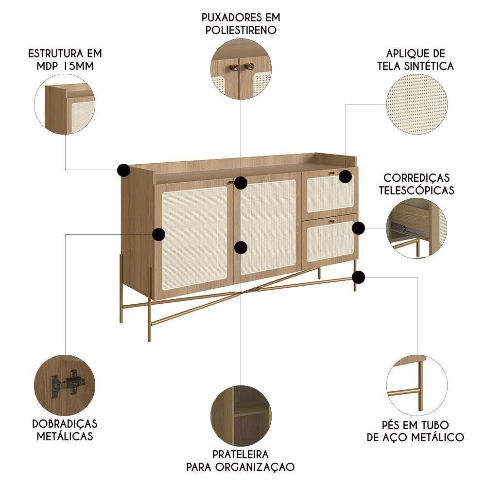 Balcão Aparador Buffet 2 Portas Pé Metal Arlo A10 Hanover/dourado - Mpozenato - 3