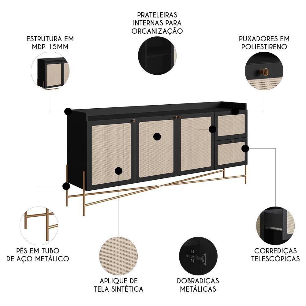 Balcão Aparador Buffet 3 Portas Pé Metal Arlo A10 Nero/dourado - Mpozenato - 3