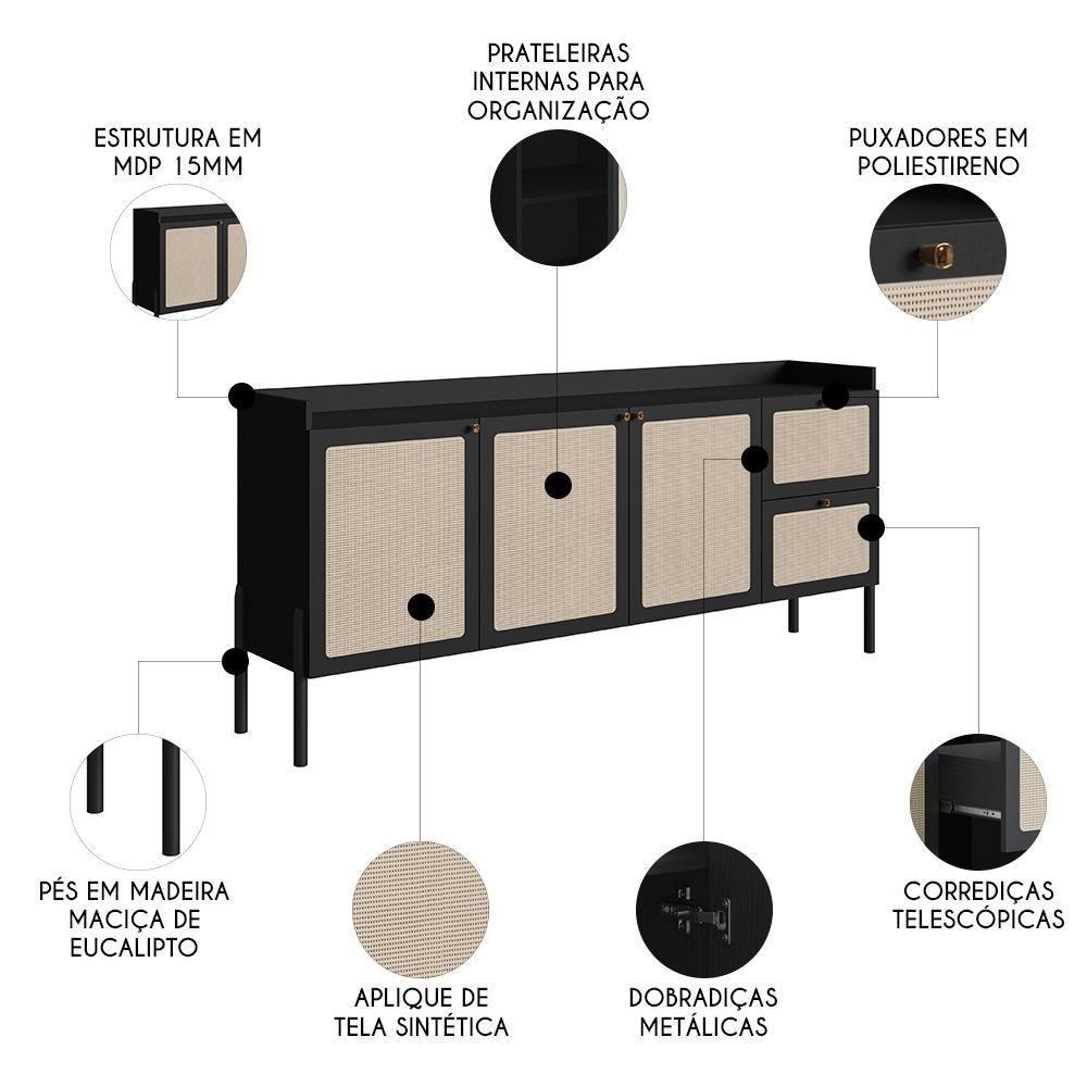 Balcão Aparador Buffet 3 Portas Pés Madeira Arlo A10 Nero/preto - Mpozenato - 3