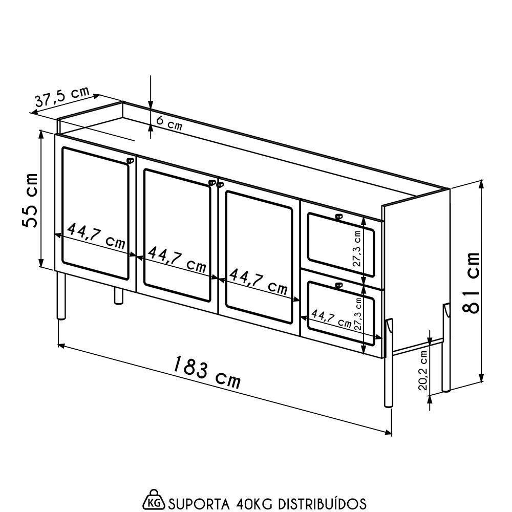 Balcão Aparador Buffet 3 Portas Pés Madeira Arlo A10 Nero/preto - Mpozenato - 4