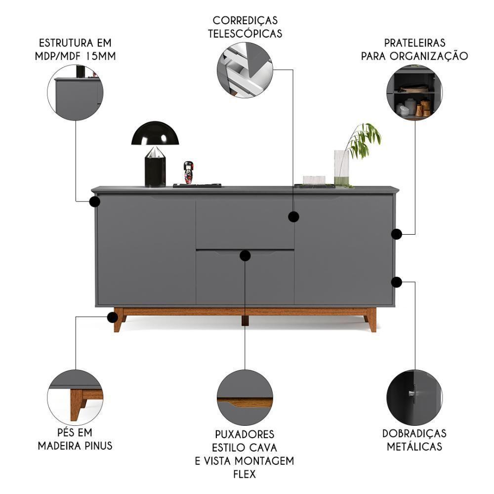 Buffet Aparador Para Sala De Jantar 163cm Flow Cinza - Ej Móveis - 3