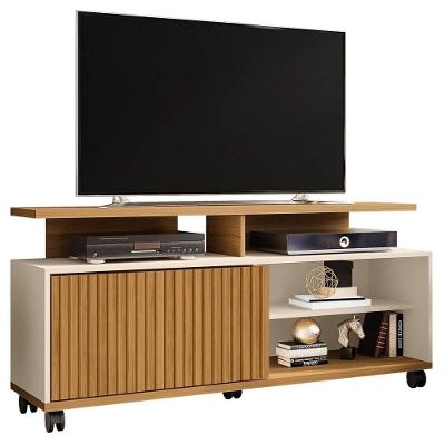 Rack Bancada Para Tv Até 52 Pol. Com Rodízios 1 Porta Topázio Cinamomo/off White/ripado - Bechara