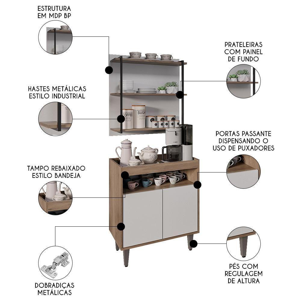 Aparador Cantinho Do Café E Painel 3 Prateleiras Flora M24 Freijó/branco - Mpozenato - 3