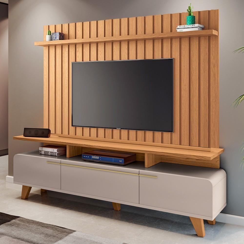 Painel Para Tv 70 Pol Ripado 2.0 E Rack Bancada Amago H01 Off White/cinamomo - Mpozenato - 2