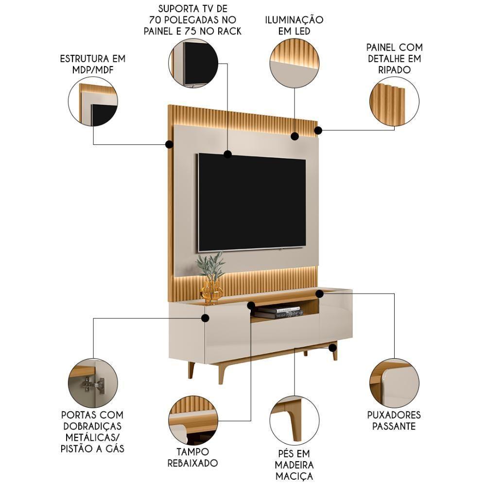 Painel Para Tv 70 Pol Real E Rack Bancada Safira L06 Tauari/off White - Mpozenato - 7