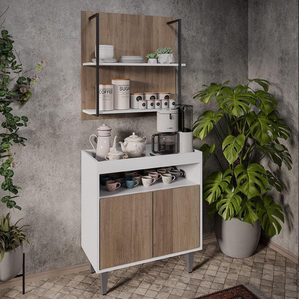 Aparador Cantinho Do Café E Painel 2 Prateleiras Flora M24 Branco/freijó - Mpozenato - 2