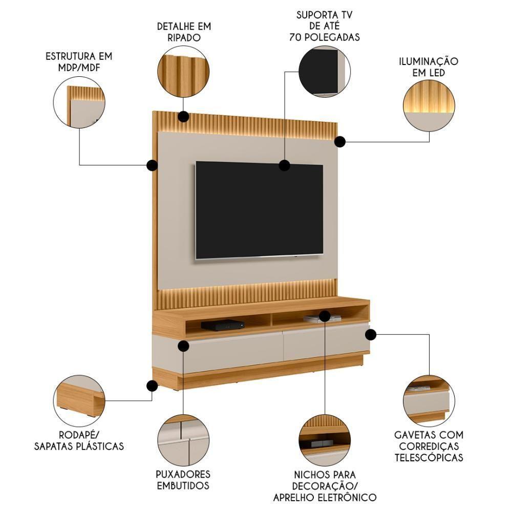 Painel Para Tv 70 Pol E Rack Bancada 180cm Real L06 Tauari/off White Fosco - Mpozenato - 3