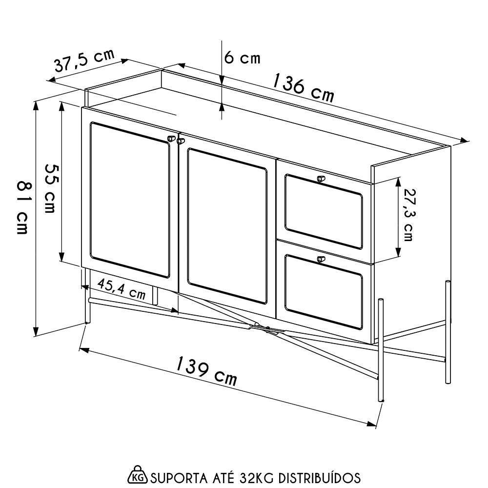 Balcão Aparador Buffet 2 Portas Pé Metal Arlo A10 Nero/dourado - Mpozenato - 4