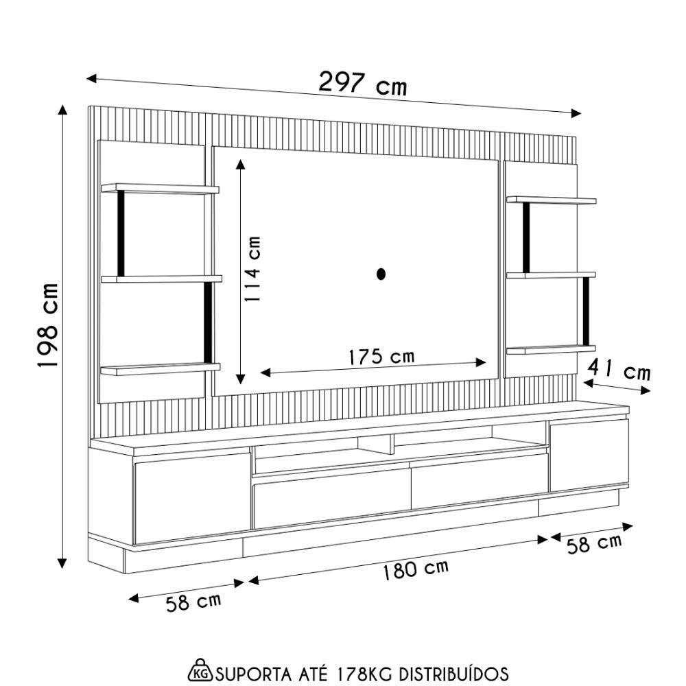 Painel Para Tv 70 Pol Com Rack Bancada 297cm Real L06 Tauari/off White - Mpozenato - 4