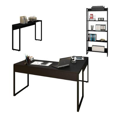 Conjunto Escritório 3 Peças Mesa Em L Estante E Aparador Studio Industrial M18 Preto - Mpozenato
