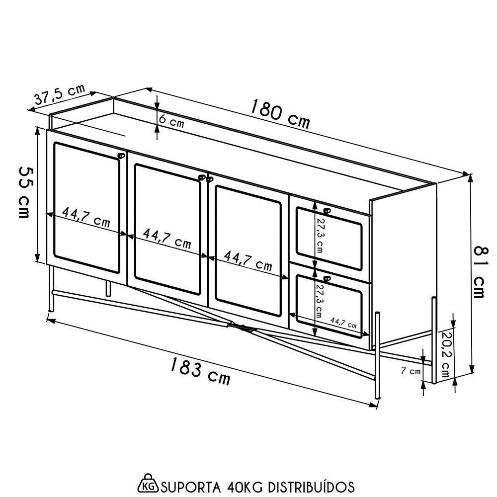 Balcão Aparador Buffet 3 Portas Pé Metal Arlo A10 Hanover/dourado - Mpozenato - 4