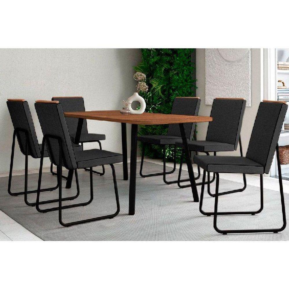 Sala De Jantar Completa Stellar 1597 Aço C- Tampo Madeirado 160x90cm E 6 Cadeiras Lira Preto-nogal - Preto-grafite - Preto - Carraro - 1