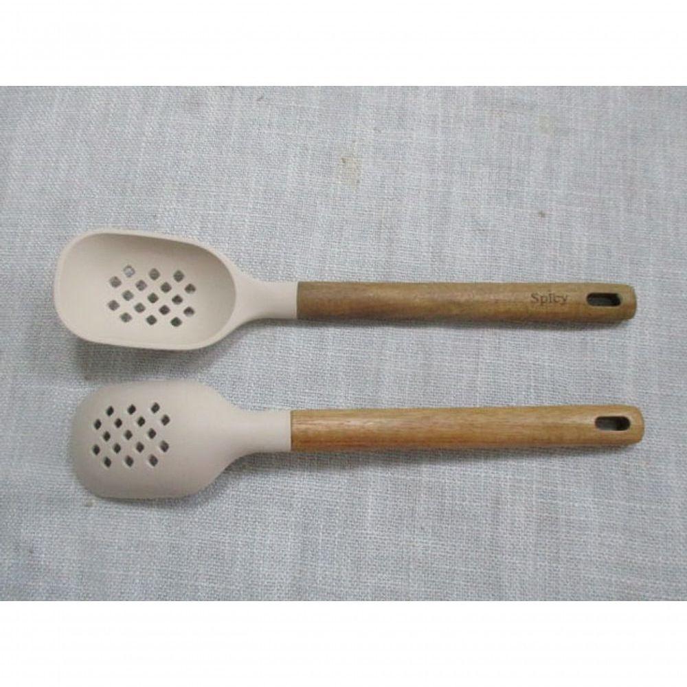 Colher De Serviço De Silicone Com Cabo Em Acácia Spicy Bege - 6