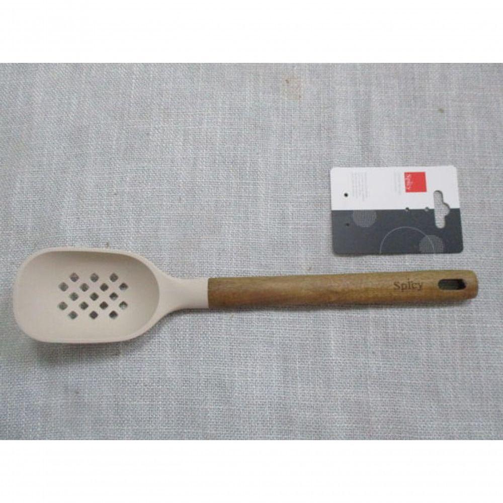 Colher De Serviço De Silicone Com Cabo Em Acácia Spicy Bege - 7