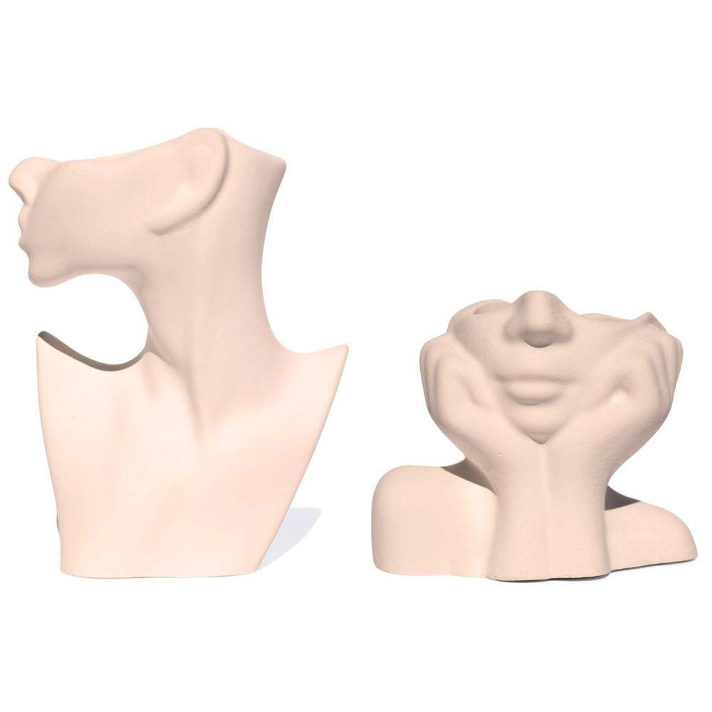 Vaso Decorativo 2 Peças Perfil E Mão No Rosto Em Cimento Artesanal Palha - 1