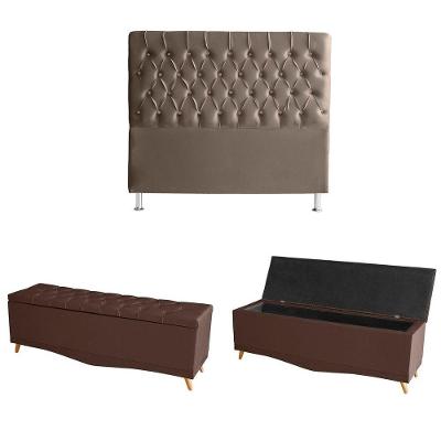 Kit Estrela Cabeceira De Cama Box E Calçadeira Baú Pés Palito Botão Cristal Casal 140 Cm Suede Rosê Do Lar Móveis