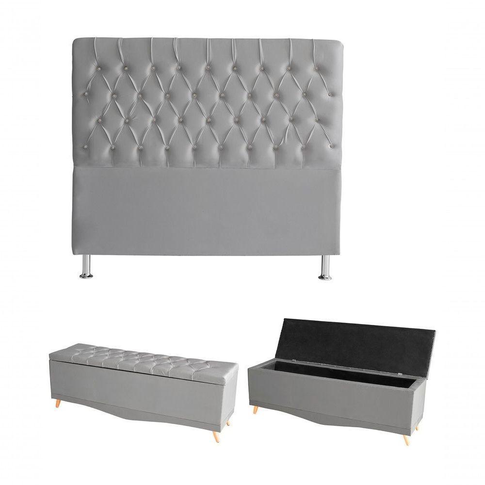 Kit Estrela Cabeceira De Cama Box E Calçadeira Baú Pés Palito Botão Cristal Queen 160 Cm Suede Prata Do Lar Móveis - 1