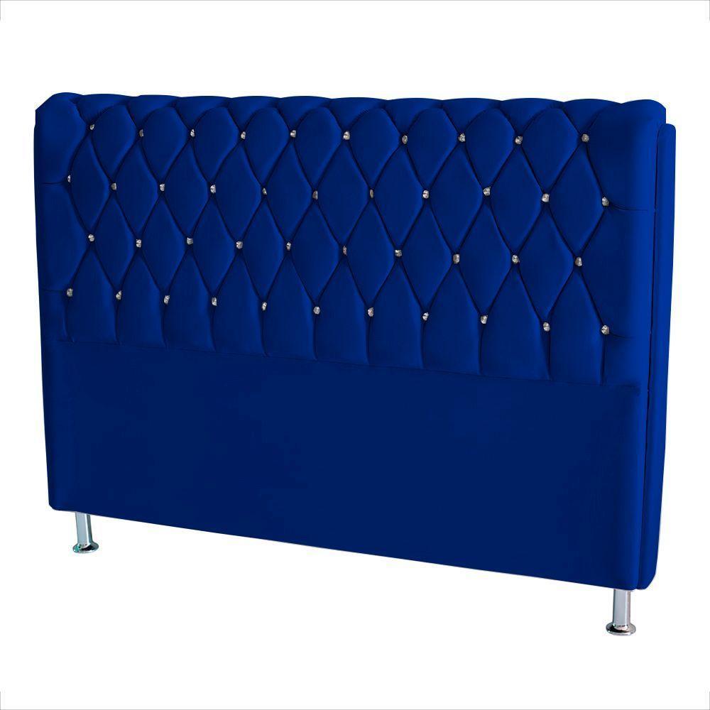 Cabeceira De Cama Box Londres Casal 140 Cm Suede Botão De Strass Azul Royal Do Lar Móveis E Decoração - 1