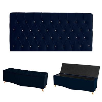 Kit Estrela Cabeceira De Cama Painel E Calçadeira Baú Botão Cristal Casal 140 Cm Suede Azul Do Lar Móveis E Decoração