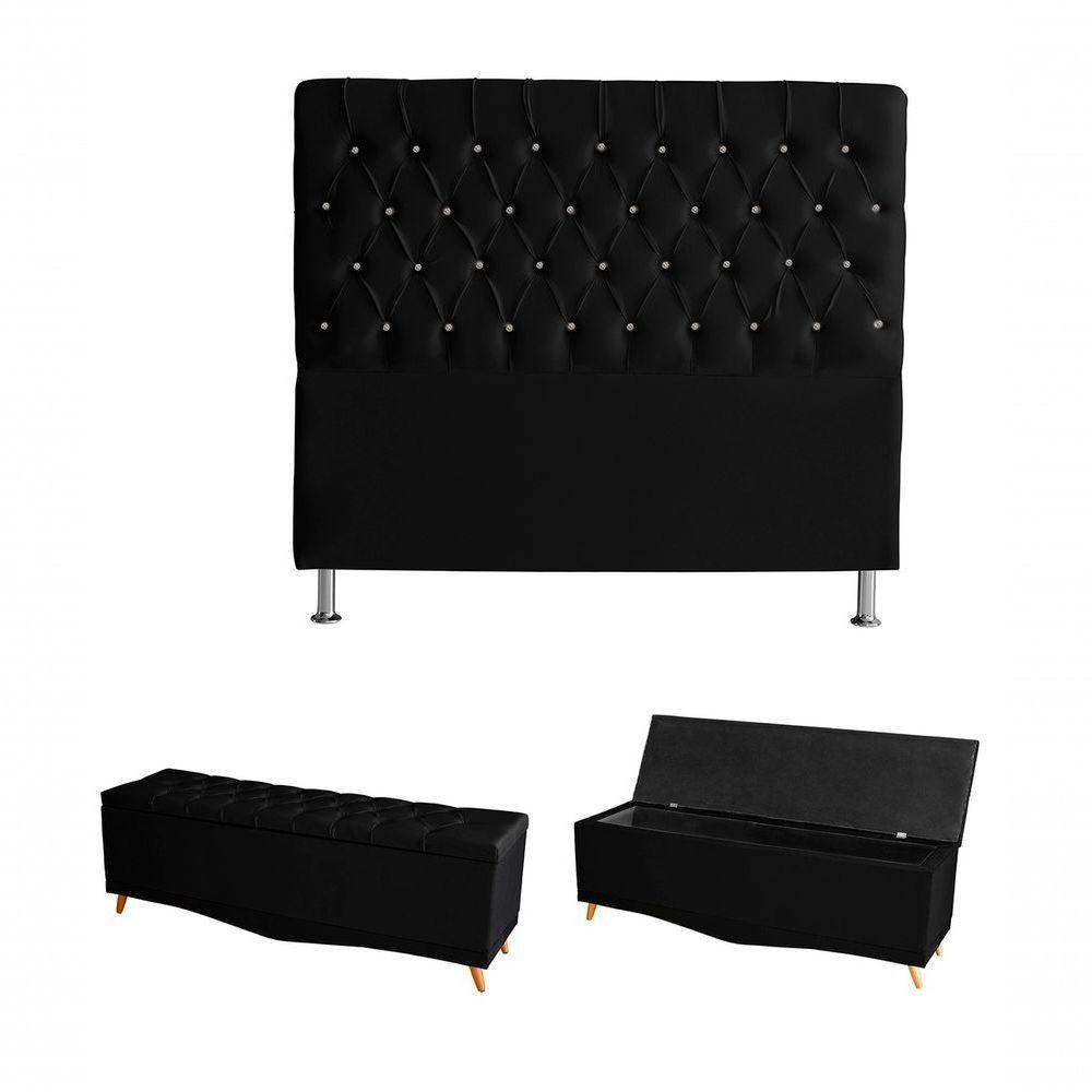 Kit Estrela Cabeceira De Cama Box E Calçadeira Baú Pés Palito Botão Cristal Queen 160 Cm Suede Preto Do Lar Móveis - 1