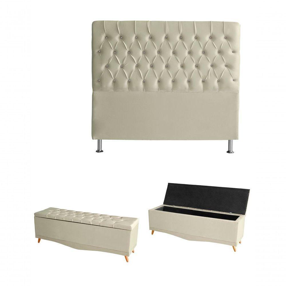 Kit Estrela Cabeceira De Cama Box E Calçadeira Baú Pés Palito Botão Cristal Queen 160 Cm Suede Porcelana Do Lar Móveis - 1