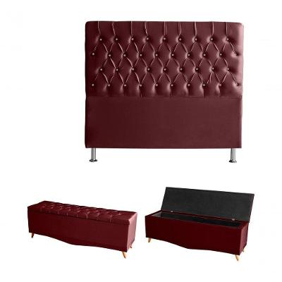 Kit Estrela Cabeceira De Cama Box E Calçadeira Baú Pés Palito Botão Cristal Casal 140 Cm Suede Bordo Do Lar Móveis