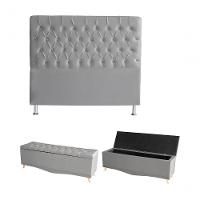 Kit Estrela Cabeceira De Cama Box E Calçadeira Baú Pés Palito Botão Cristal Casal 140 Cm Suede Prata Do Lar Móveis - 1