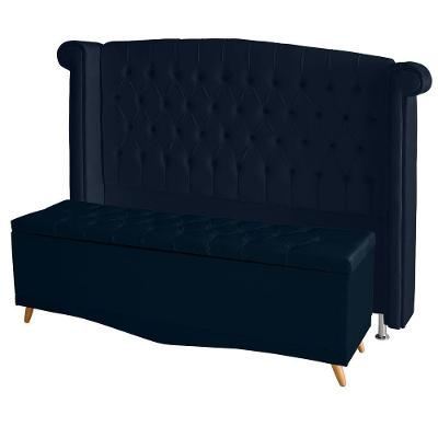 Kit De Quarto Cabeceira De Cama Box E Calçadeira Baú Toquio Casal 140 Cm Suede Azul Marinho Do Lar Móveis E Decoração