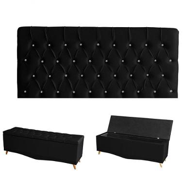 Kit Estrela Cabeceira De Cama Painel E Calçadeira Baú Botão Cristal King 195 Cm Suede Preto Do Lar Móveis E Decoração