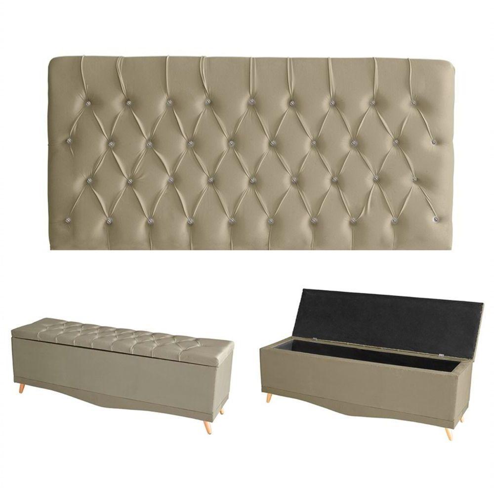 Kit Estrela Cabeceira De Cama Painel E Calçadeira Baú Botão Cristal Queen 160 Cm Suede Bege Do Lar Móveis E Decoração - 1