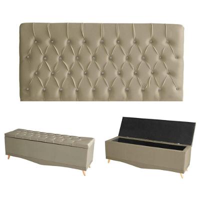 Kit Estrela Cabeceira De Cama Painel E Calçadeira Baú Botão Cristal Queen 160 Cm Suede Bege Do Lar Móveis E Decoração
