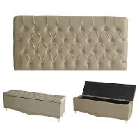 Kit Estrela Cabeceira De Cama Painel E Calçadeira Baú Botão Cristal Queen 160 Cm Suede Bege Do Lar Móveis E Decoração - 1