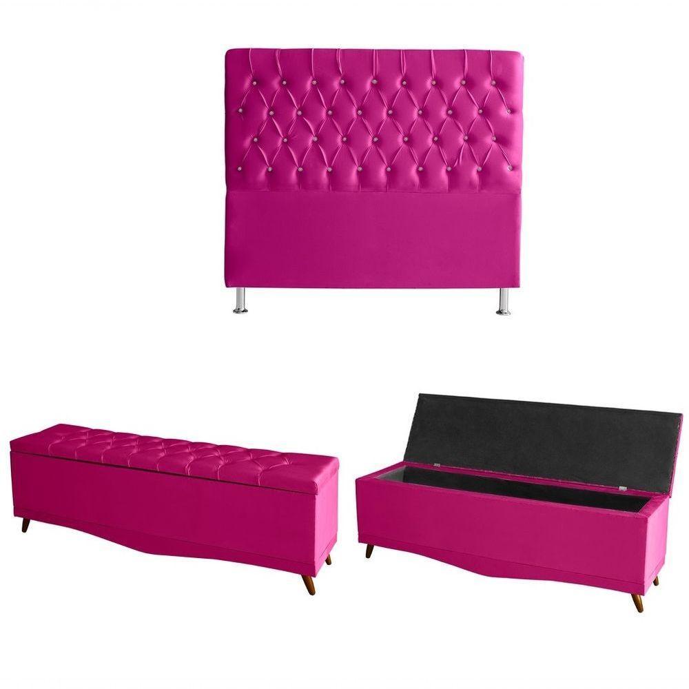 Kit Estrela Cabeceira De Cama Box E Calçadeira Baú Pés Palito Botão Cristal Queen 160 Cm Suede Rosa Pink Do Lar Móveis - 1