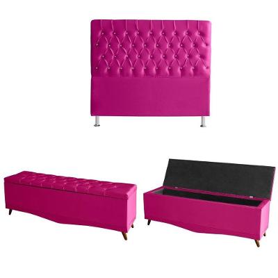 Kit Estrela Cabeceira De Cama Box E Calçadeira Baú Pés Palito Botão Cristal Queen 160 Cm Suede Rosa Pink Do Lar Móveis