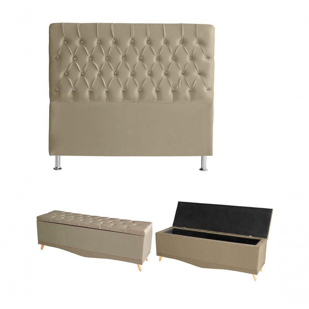 Kit Estrela Cabeceira De Cama Box E Calçadeira Baú Pés Palito Botão Cristal Queen 160 Cm Suede Bege Do Lar Móveis - 1