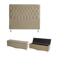 Kit Estrela Cabeceira De Cama Box E Calçadeira Baú Pés Palito Botão Cristal Queen 160 Cm Suede Bege Do Lar Móveis - 1