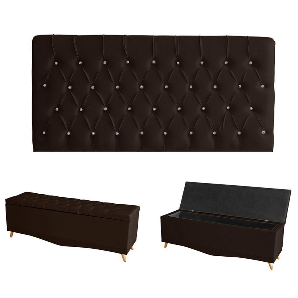 Kit Estrela Cabeceira De Cama Painel E Calçadeira Baú Botão Cristal Casal 140 Cm Suede Marrom Do Lar Móveis E Decoração - 1
