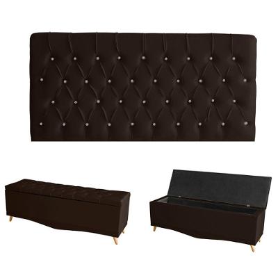 Kit Estrela Cabeceira De Cama Painel E Calçadeira Baú Botão Cristal Casal 140 Cm Suede Marrom Do Lar Móveis E Decoração
