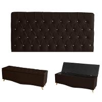 Kit Estrela Cabeceira De Cama Painel E Calçadeira Baú Botão Cristal Casal 140 Cm Suede Marrom Do Lar Móveis E Decoração - 1