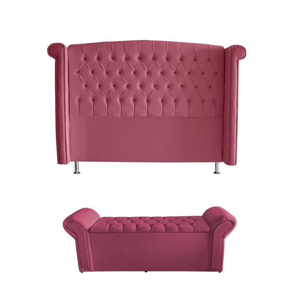 Kit Realeza Cabeceira De Cama Box E Calçadeira Baú King 195 Cm Suede Rosa Claro Do Lar Móveis - 1