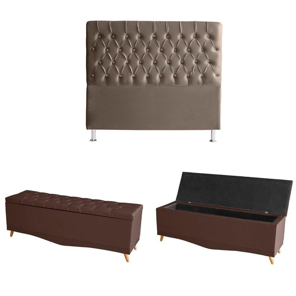 Kit Estrela Cabeceira De Cama Box E Calçadeira Baú Pés Palito Botão Cristal Queen 160 Cm Suede Rosê Do Lar Móveis - 1
