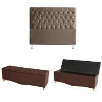 Kit Estrela Cabeceira De Cama Box E Calçadeira Baú Pés Palito Botão Cristal Queen 160 Cm Suede Rosê Do Lar Móveis - 1