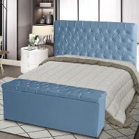 Kit De Quarto Cabeceira De Cama Box E Calçadeira Baú Estrela Casall Queen 160 Cm Suede Botão Strass Azul Do Lar Móveis E - 2
