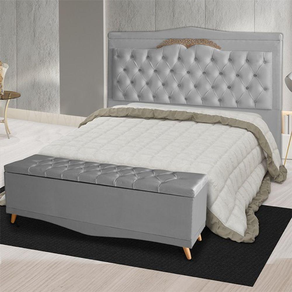 Kit De Cabeceira De Cama Box E Calçadeira Baú Barcelona Queen 160 Cm Retro Capitonê Suede Prata Do Lar Móveis - 2
